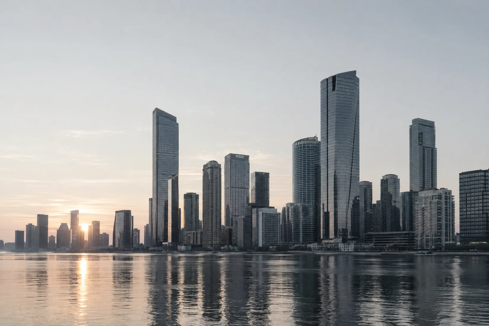A city skyline at dawn, monochrome