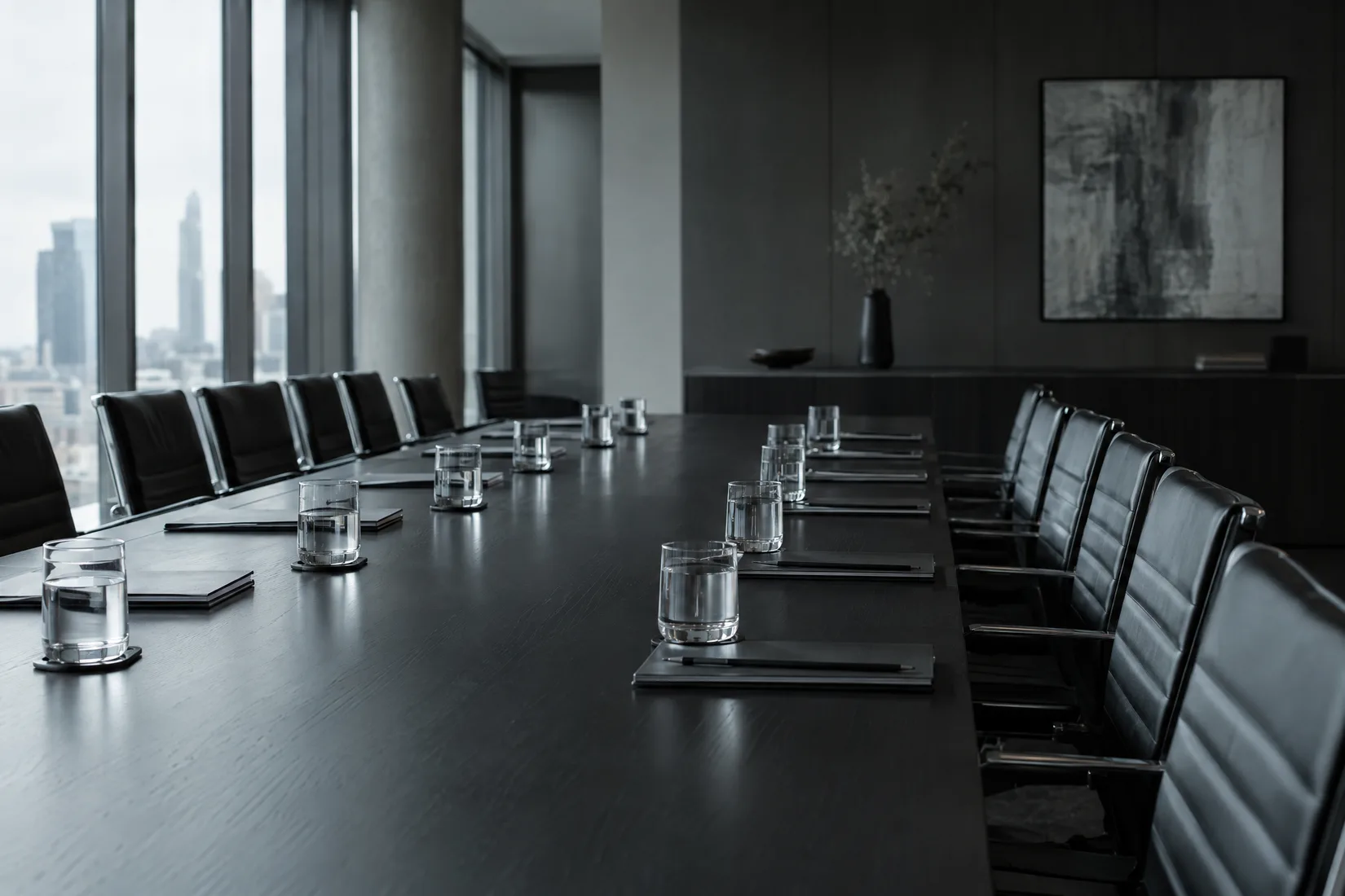 A long boardroom table with water glasses, empty