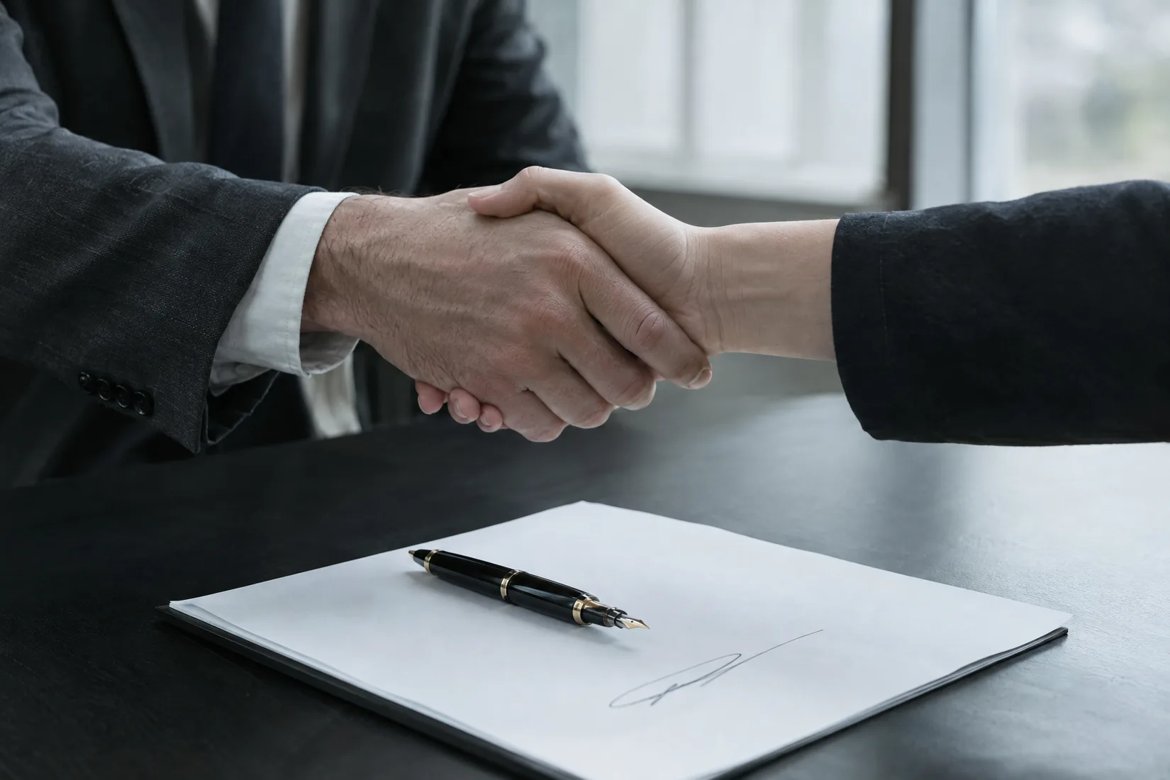 A handshake close-up over a signed page