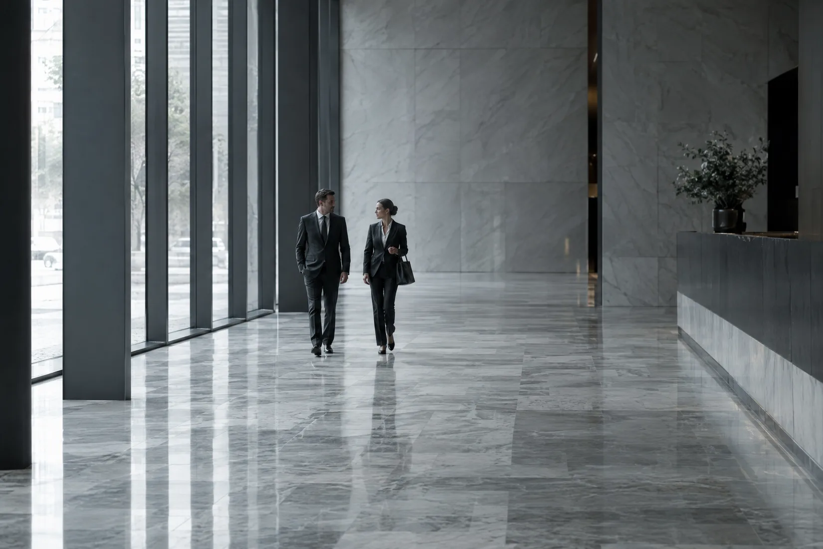 Two executives walking through a marble lobby