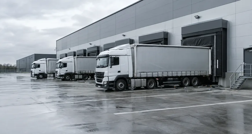 A loading bay with parked trucks