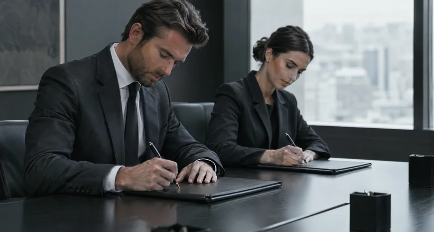 Partners signing at a boardroom table