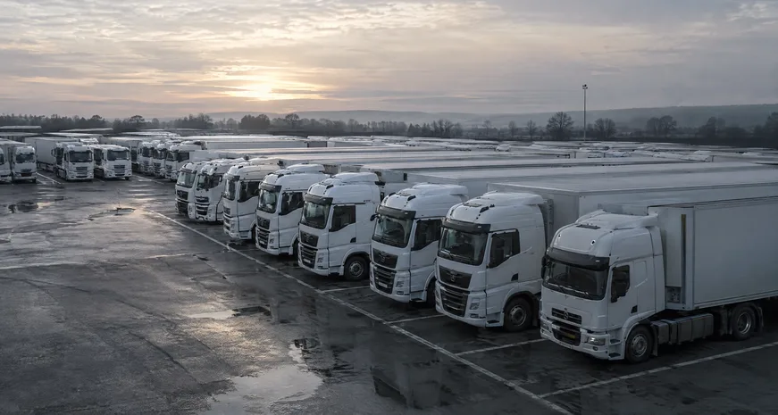 A fleet of trucks in a yard at dawn