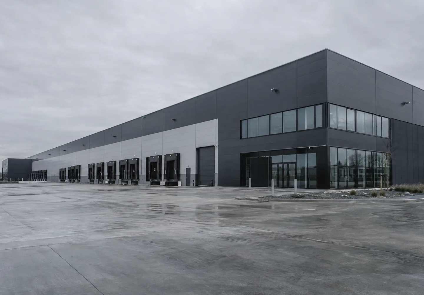 Harbourline Logistics: a logistics warehouse exterior, monochrome