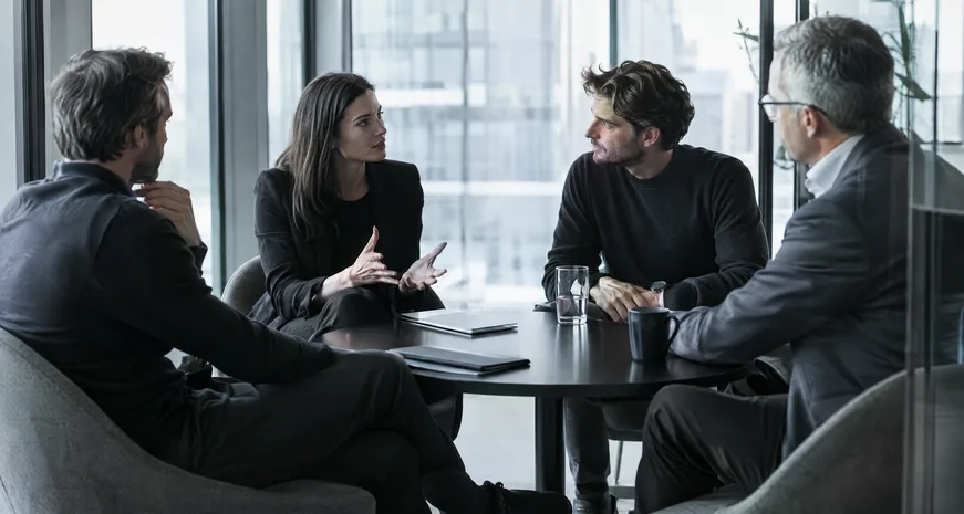 A glass meeting room with founders and investors