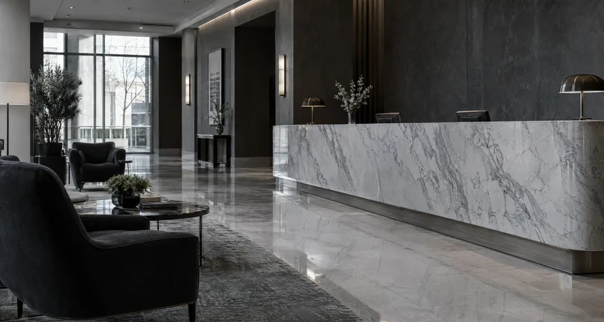 A hotel lobby with a marble desk
