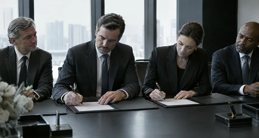A signing ceremony at a long table