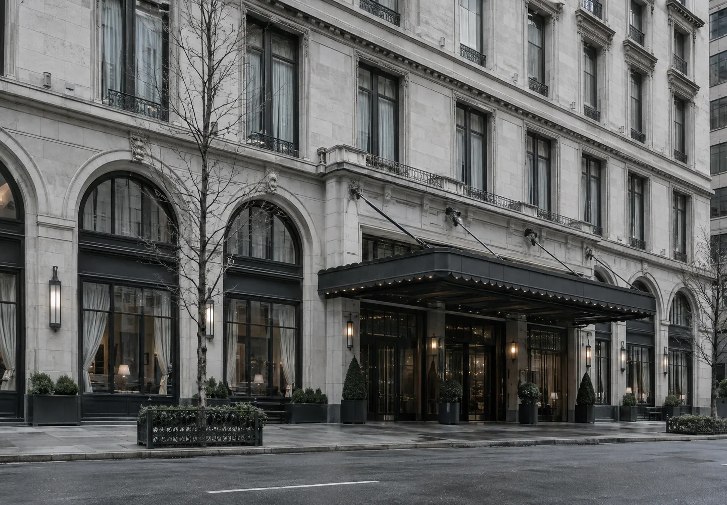 Ardent Hotels: a grand hotel facade, monochrome