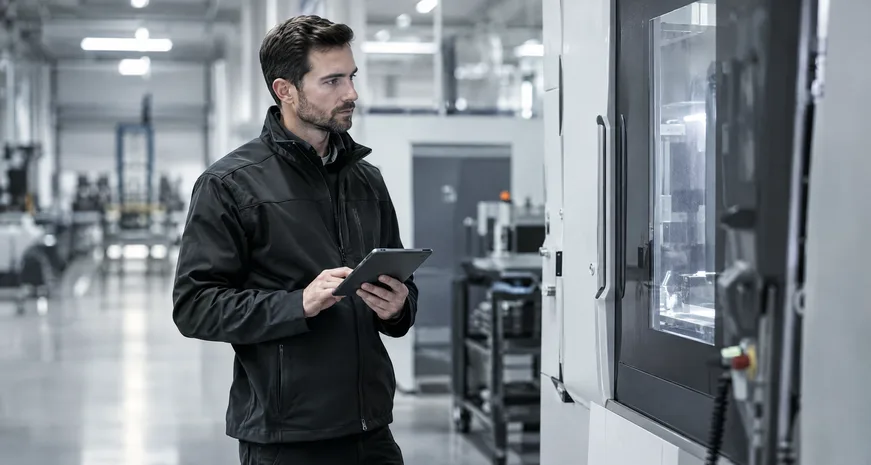 An engineer with a tablet on a factory floor