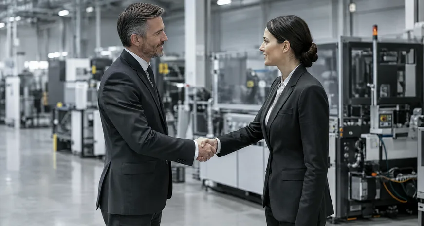 Two executives shaking hands in front of machinery