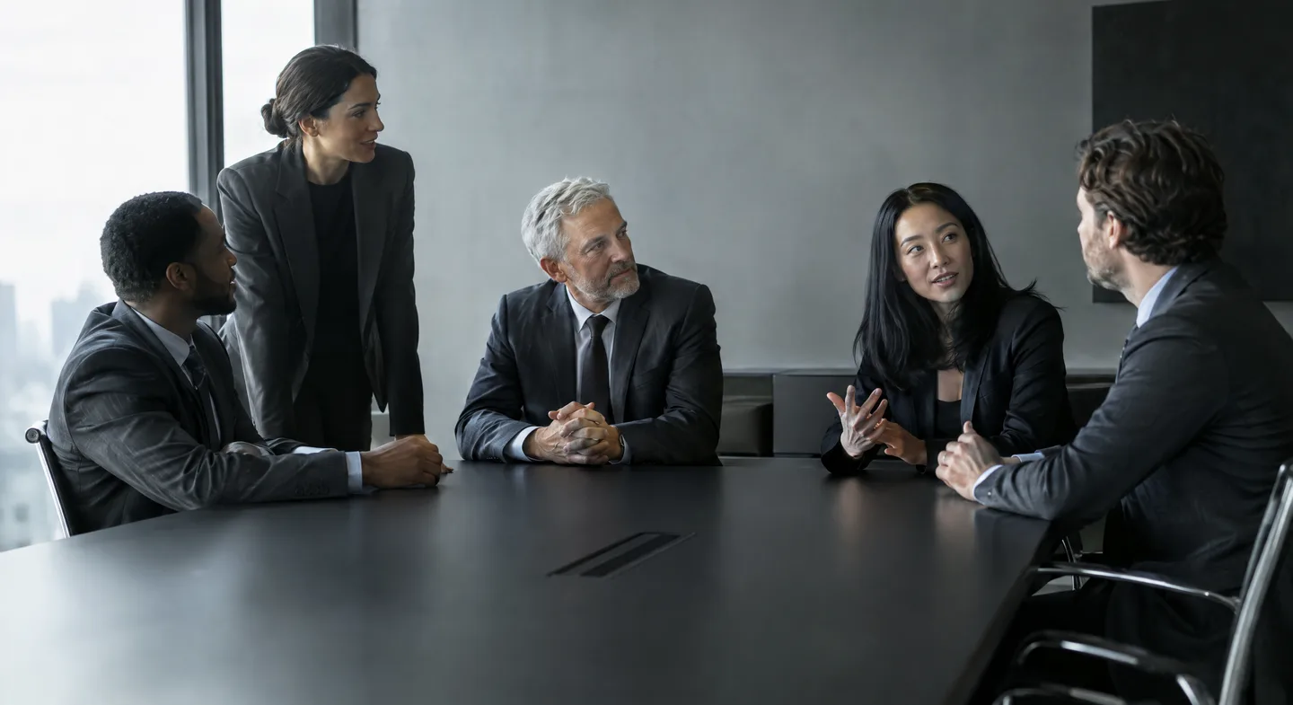 Five partners in a monochrome boardroom, talking informally