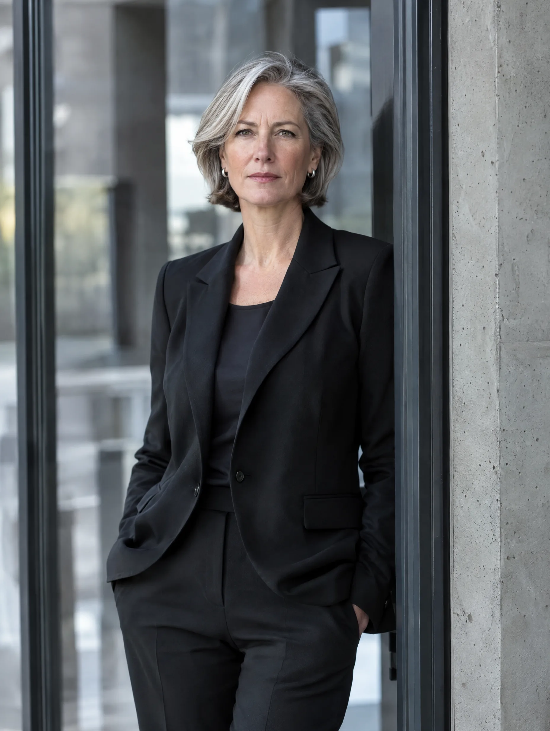 A senior partner in a black suit in a concrete-and-glass doorway