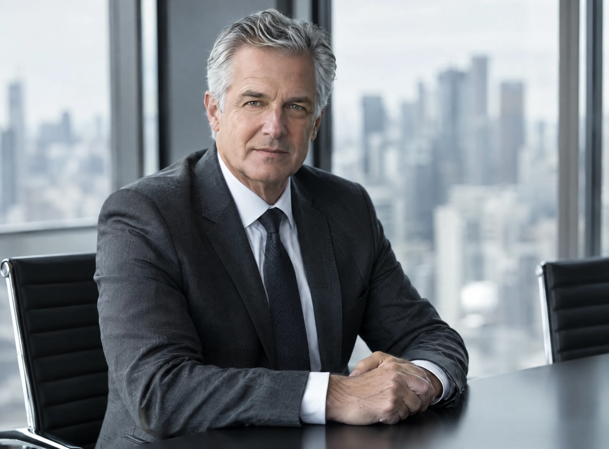 Jonathan Sable seated at a boardroom table, city behind