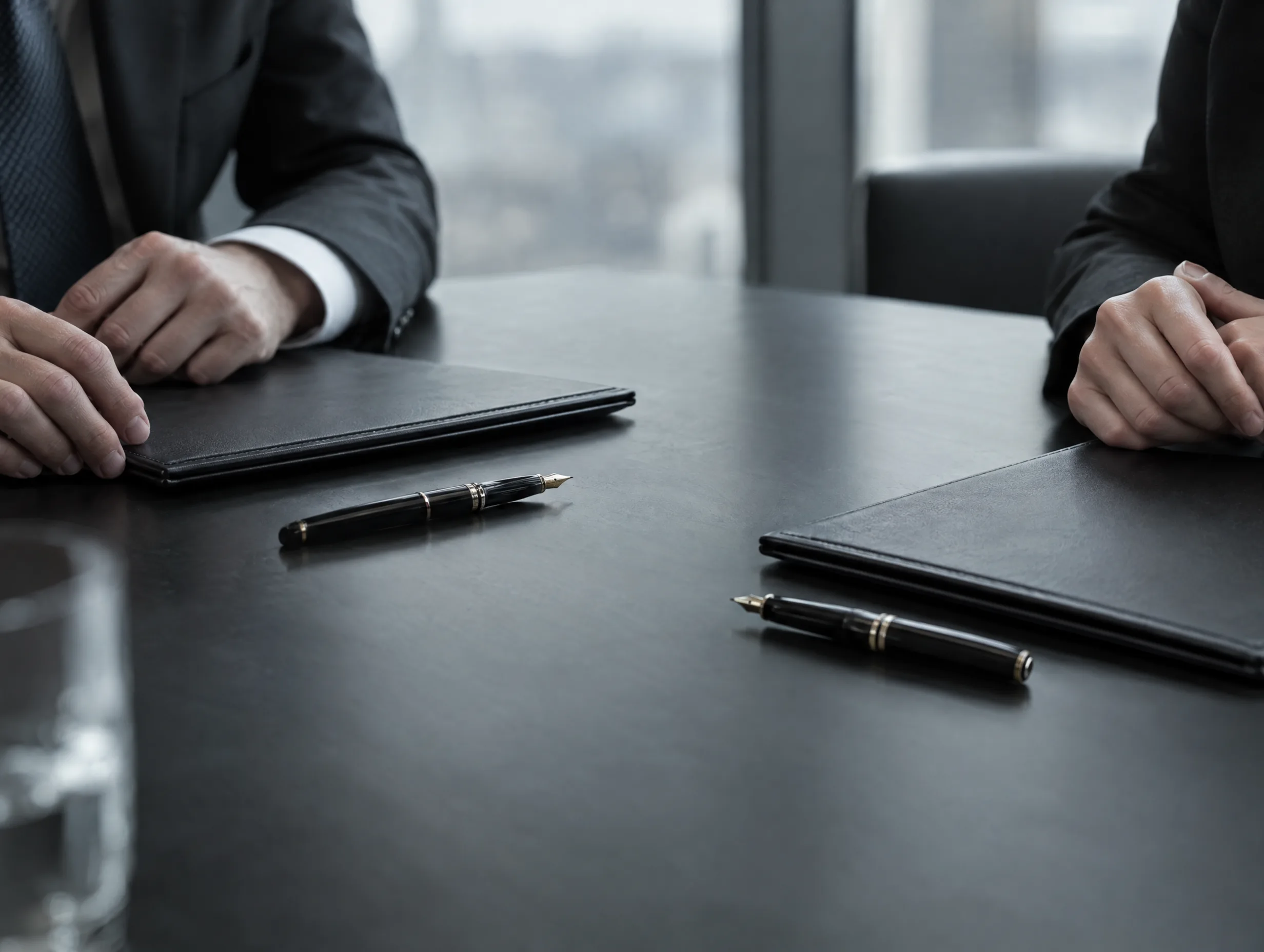 A deal signing: closed black folders, two fountain pens and hands on a boardroom table