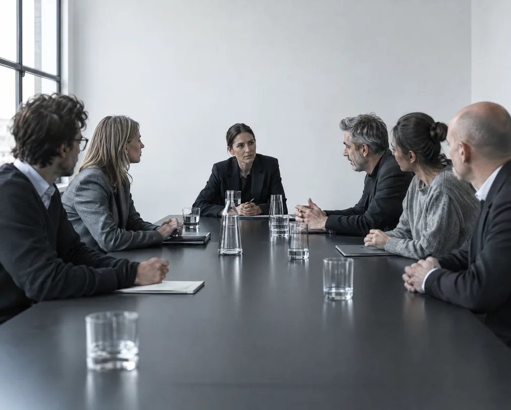 A board meeting around a long black table