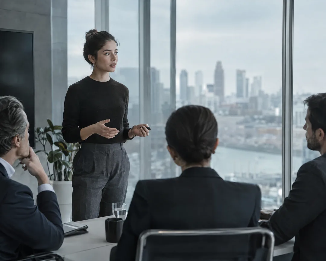A founder presenting to investors in a glass room