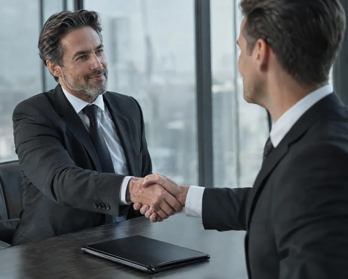 Two partners shaking hands over a closed folder